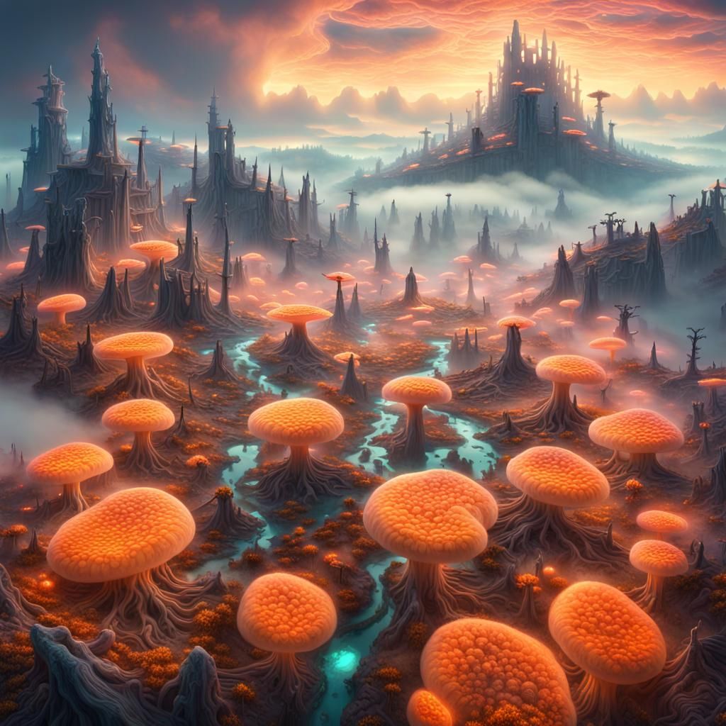 Mycelium Settlement: Hyperrealistic Aerial Fantasy