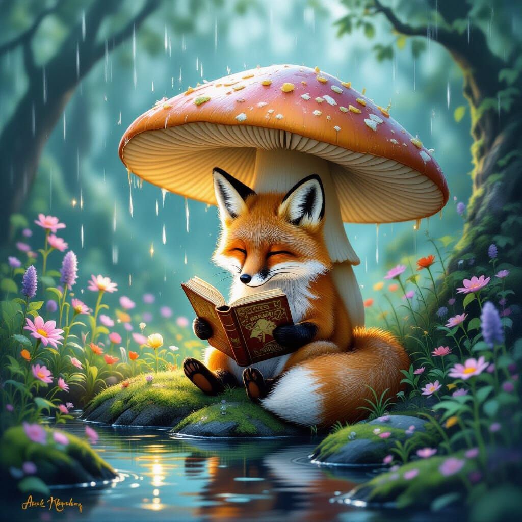 A fox taking shelter under a mushroom to read a book