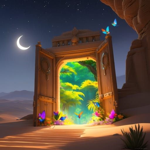 Magical Gateway to a Sunlit Forest in Desert Night
