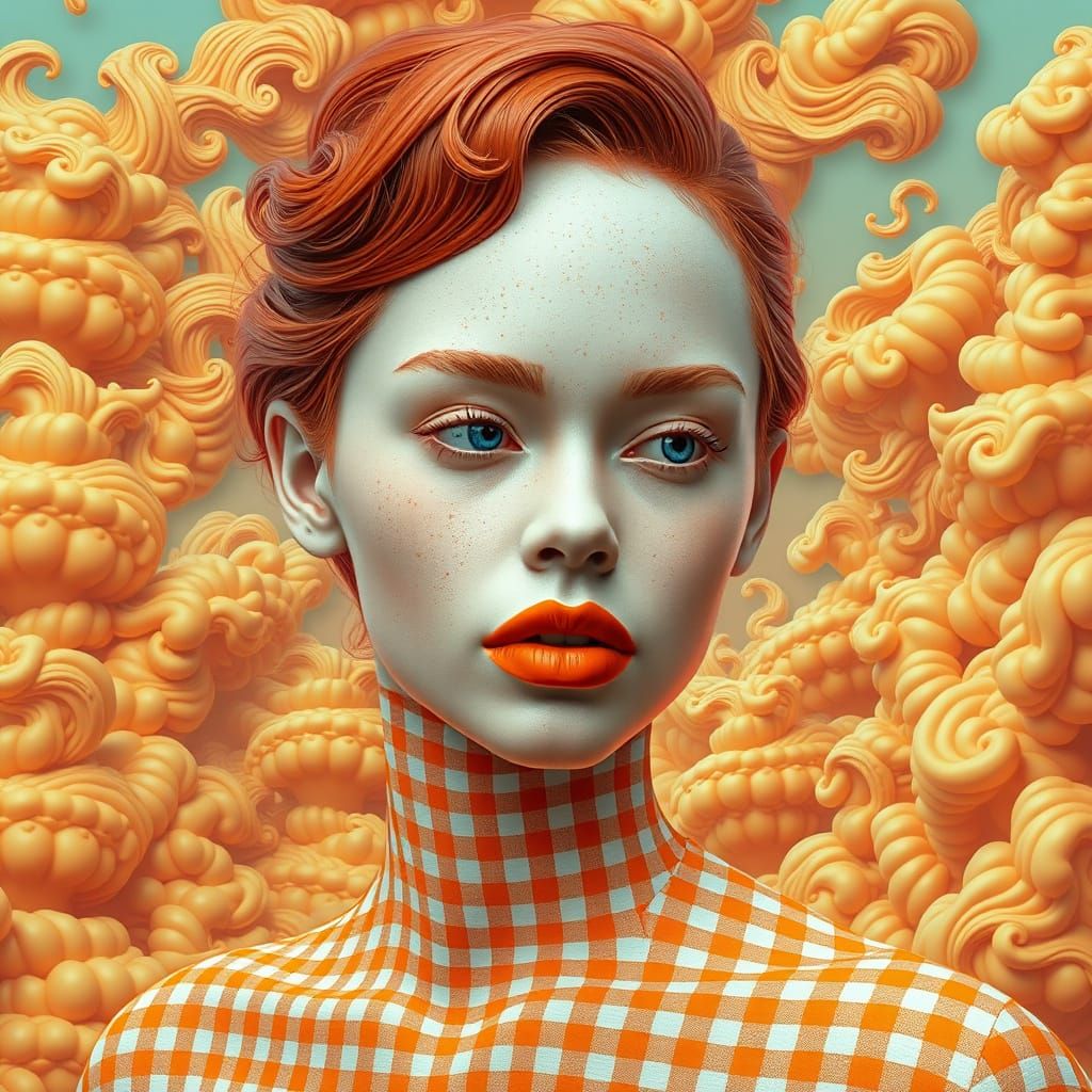 Gingham Woman in Dreamlike Orange Landscape
