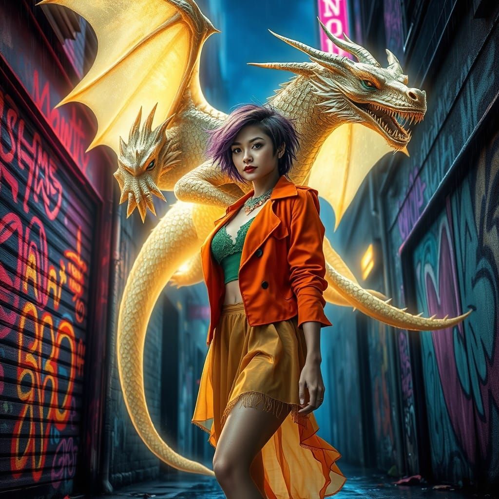Spectral Dragon Over Neon City Street in Graffiti Art Style