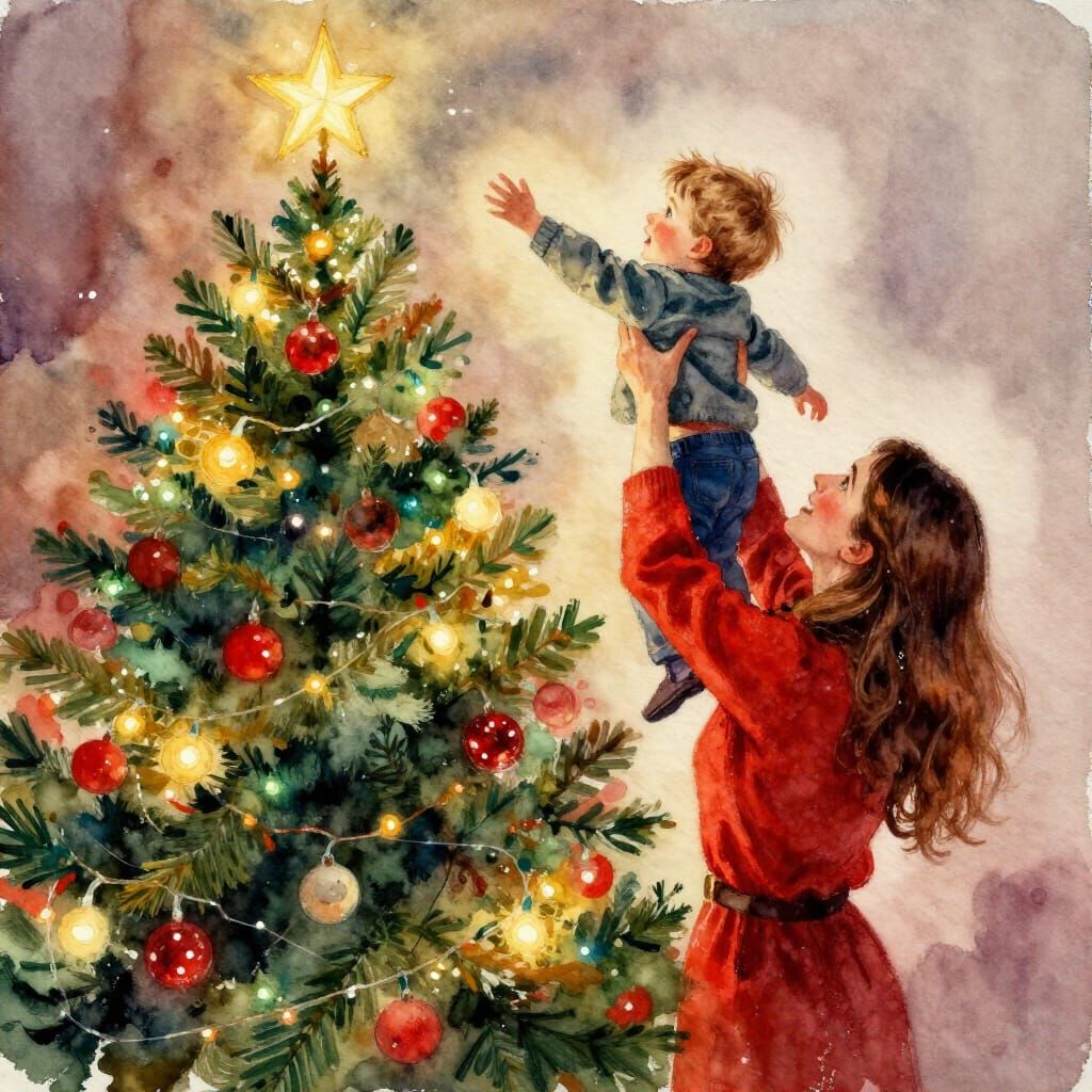 Mother Lifts Boy to Place Star on Christmas Tree