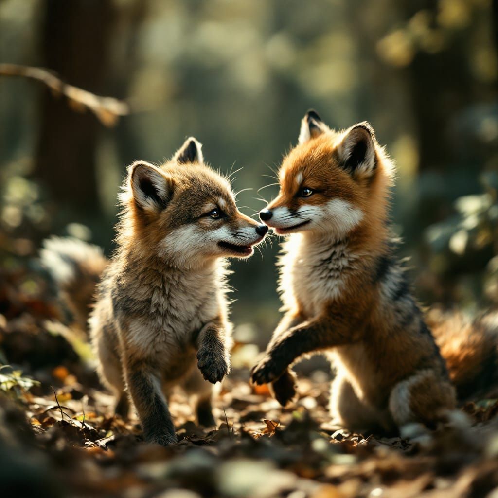 Wolf and Fox Pups Frolicking in Forest Glade