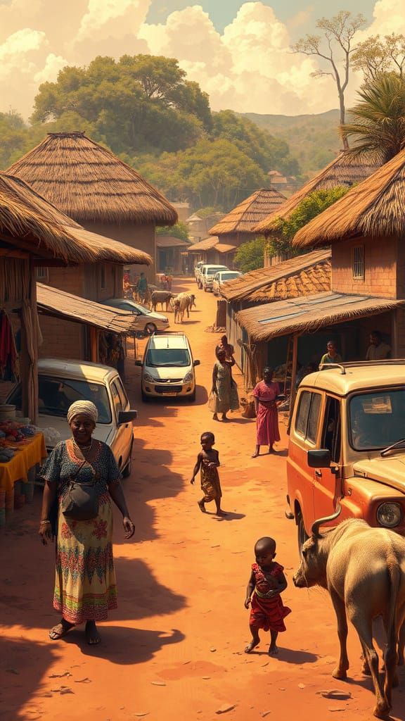 Dynamic African Village Scene in Romantic Illustration Style