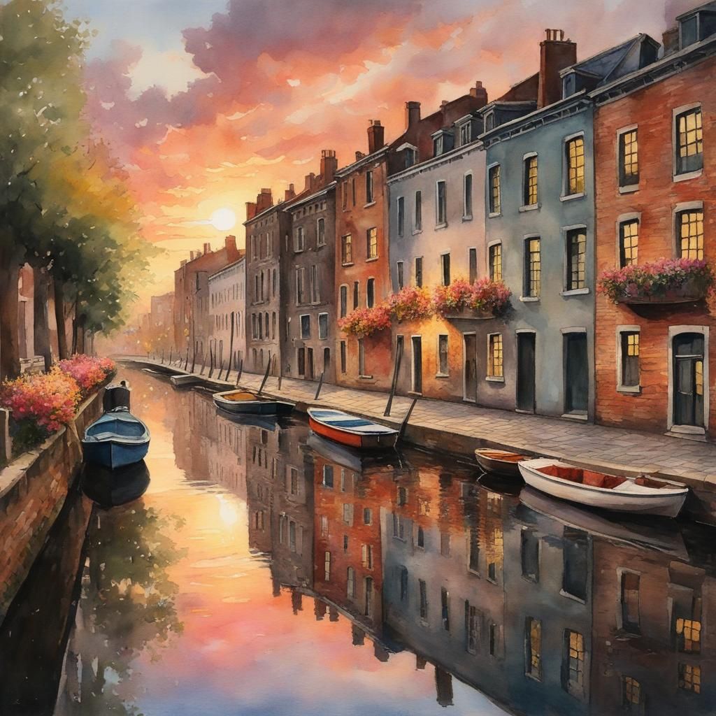 Watercolors: Tranquil Canalside Neighborhood at Sunset