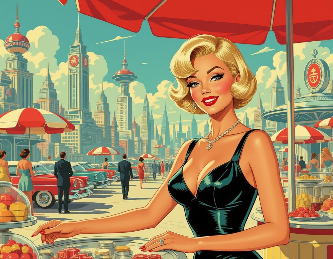 Retro-Futuristic Alien Marketplace in Vargas Style