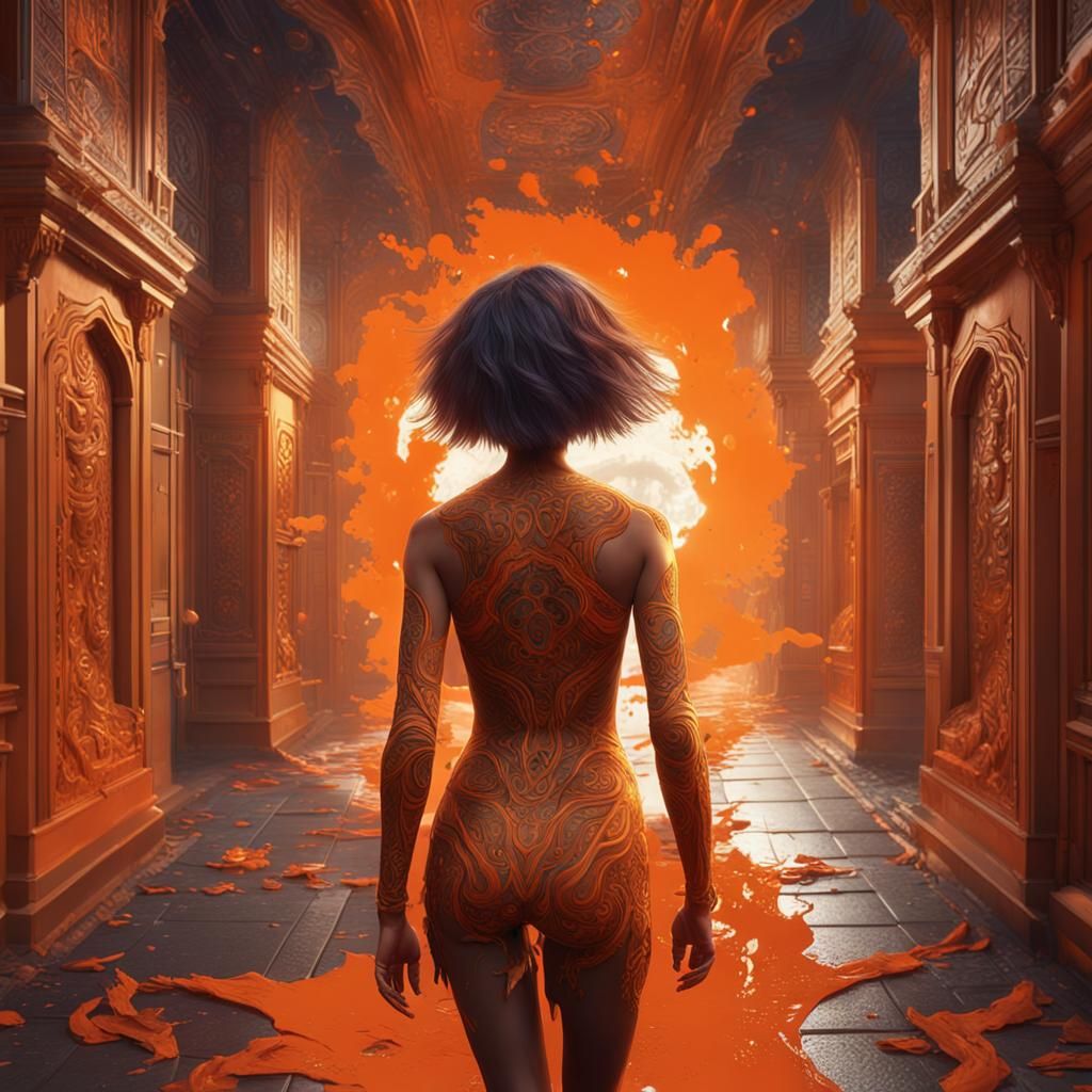 Nude Woman with Orange Bob in Detailed Matte Painting