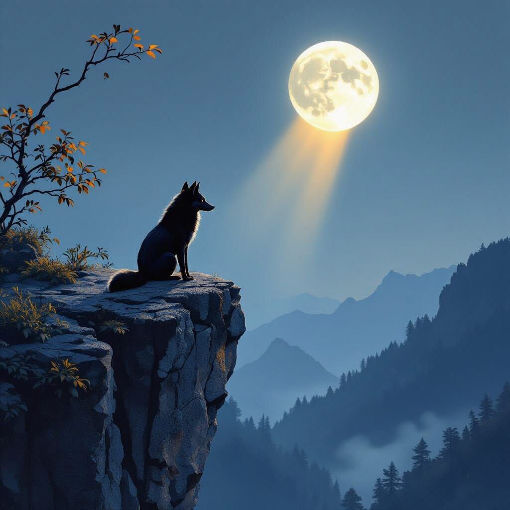 Photorealistic Jackal Under Silver Moon on Cliff Edge