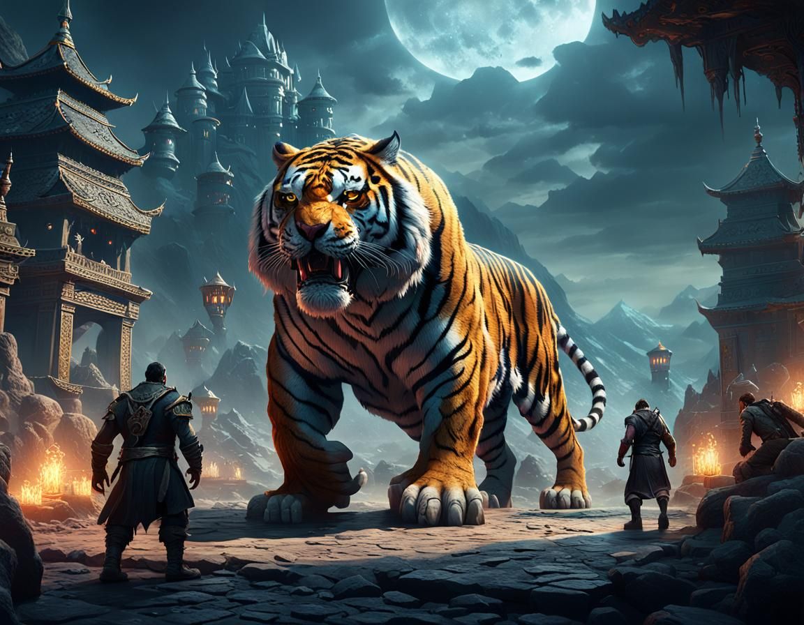 Heroes and Tiger Face Ogre in Dark Fantasy Art