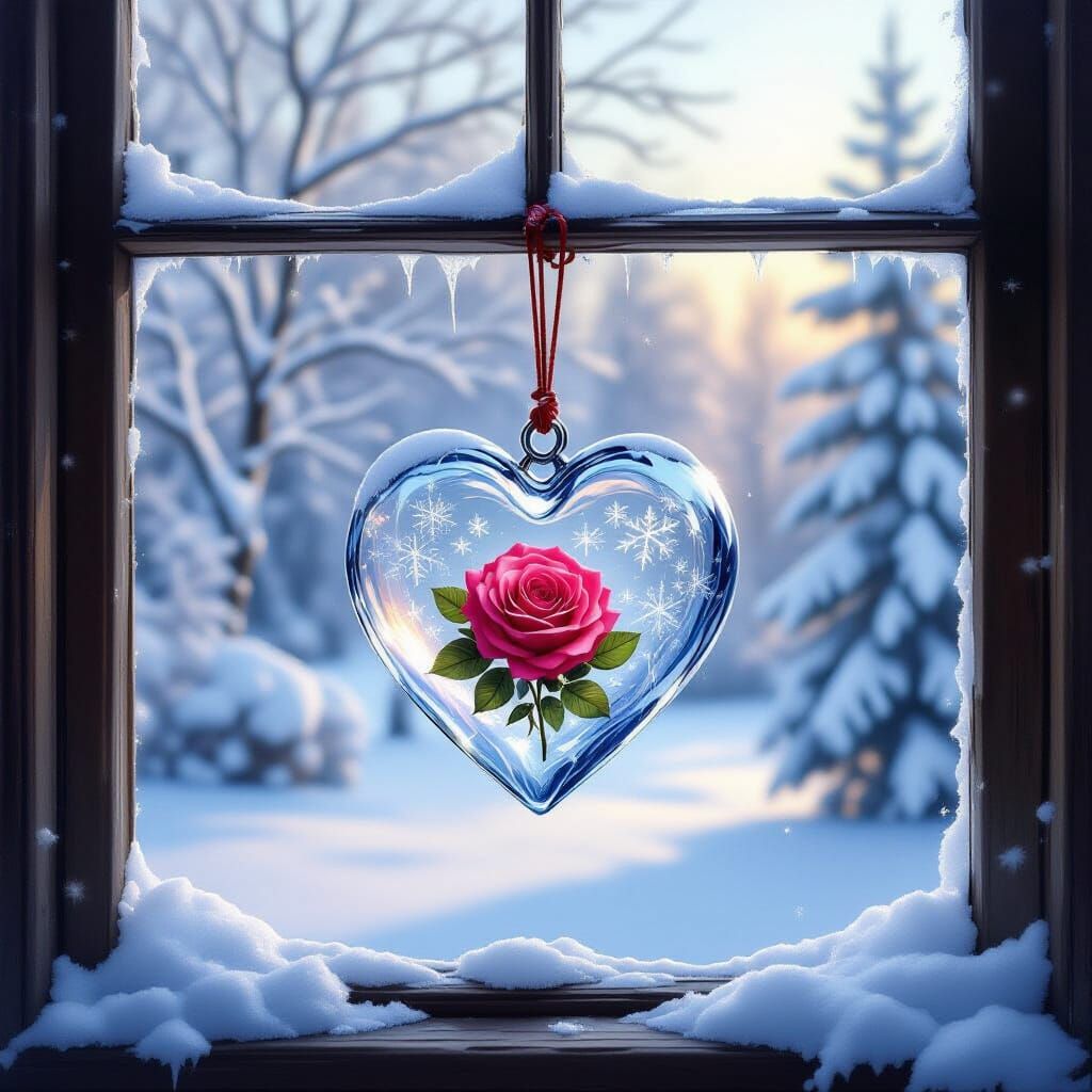 Glass Heart with Rose on Snowy Window