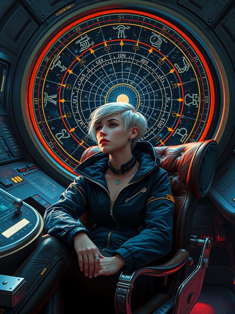 Cosmic Navigator in Sleek Spaceship Control Room