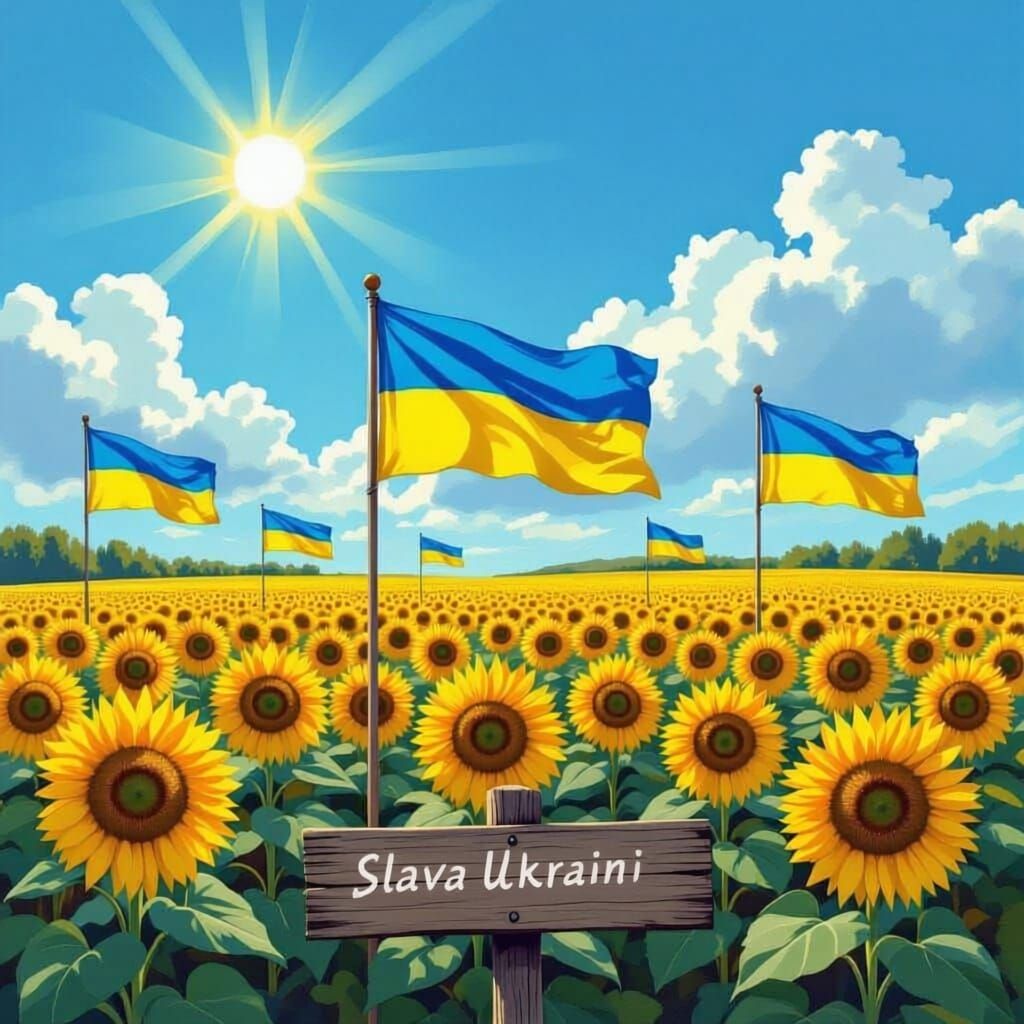 Sunflowers Bloom with Ukraine Flag and 'Slava Ukraini'