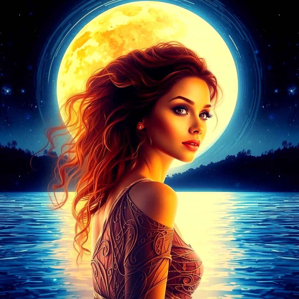 Elegant Woman Gazing Under a Full Moonlit Sky