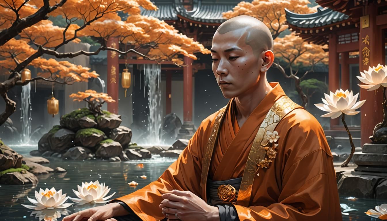 Meditating Monk with Golden Lotus Flowers in Anime Style