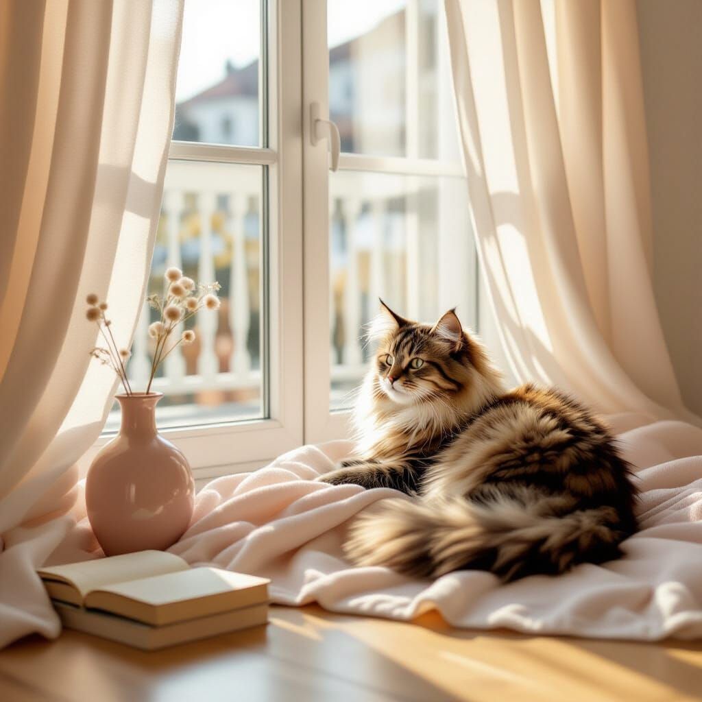 Fluffy Cat in Sunlit Minimalist Apartment