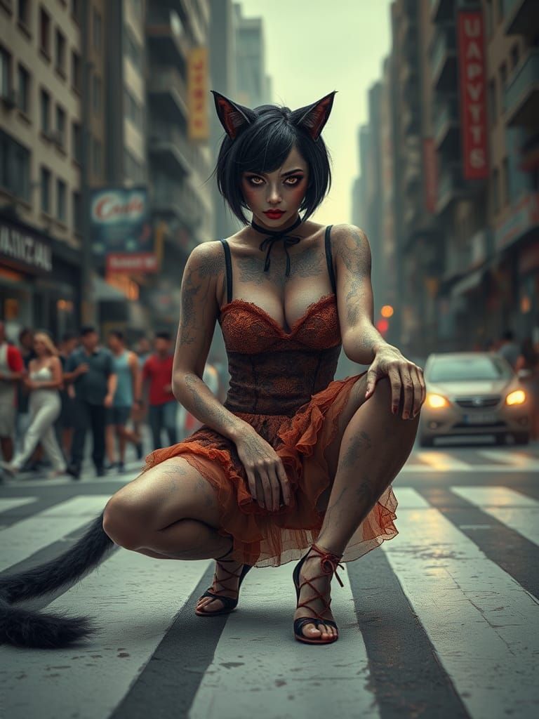 Catgirl Supermodel on Runway in Polluted City