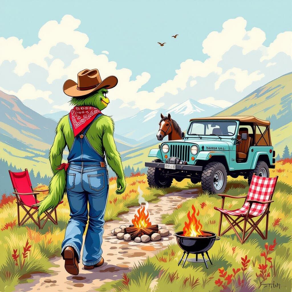 Mr. Grinch as Cowboy in Pastel Folk Art Style