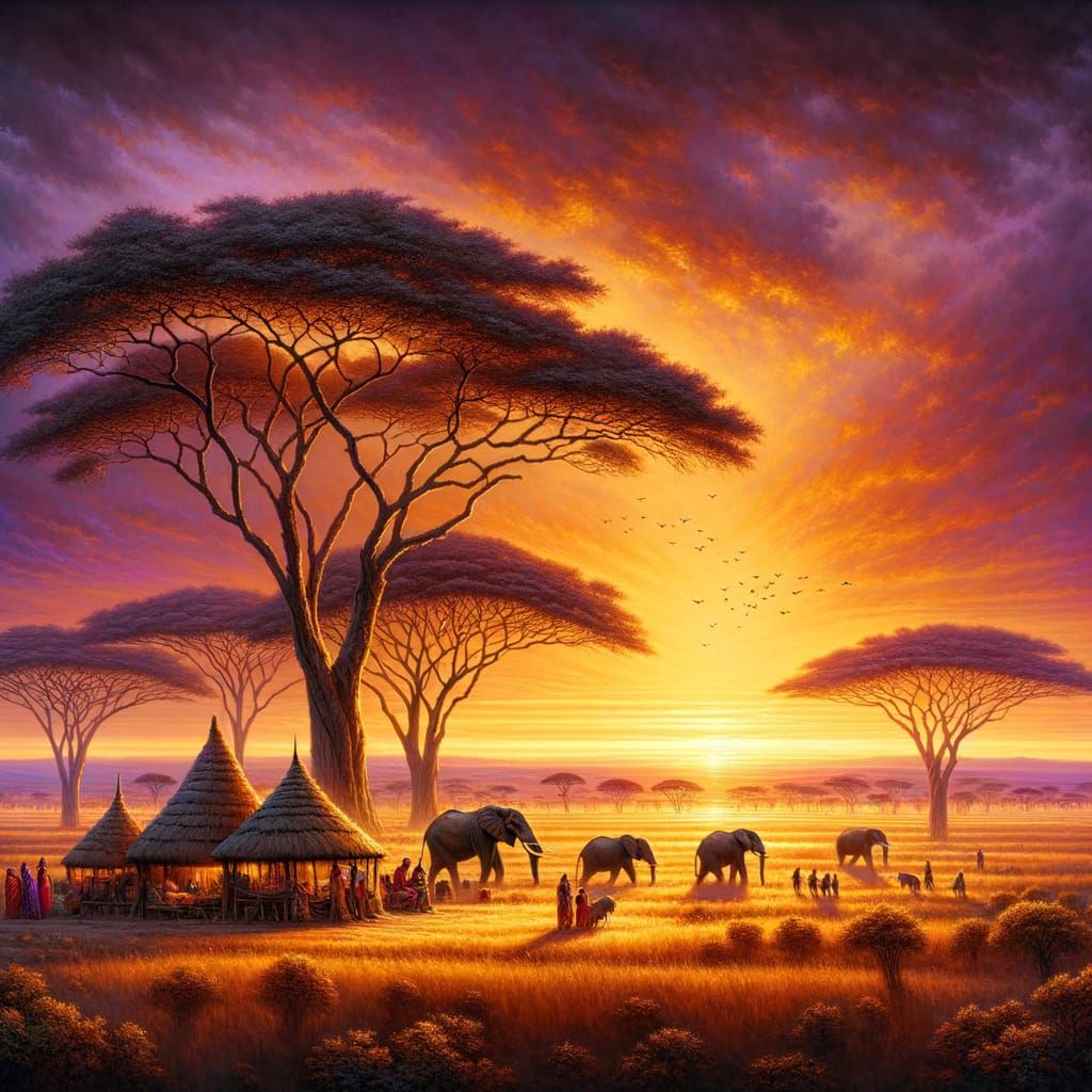 Golden Hour Savannah with Elephants and Lions