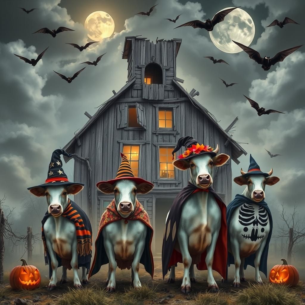 Whimsical Witches: Cows Celebrate Halloween at Farmhouse