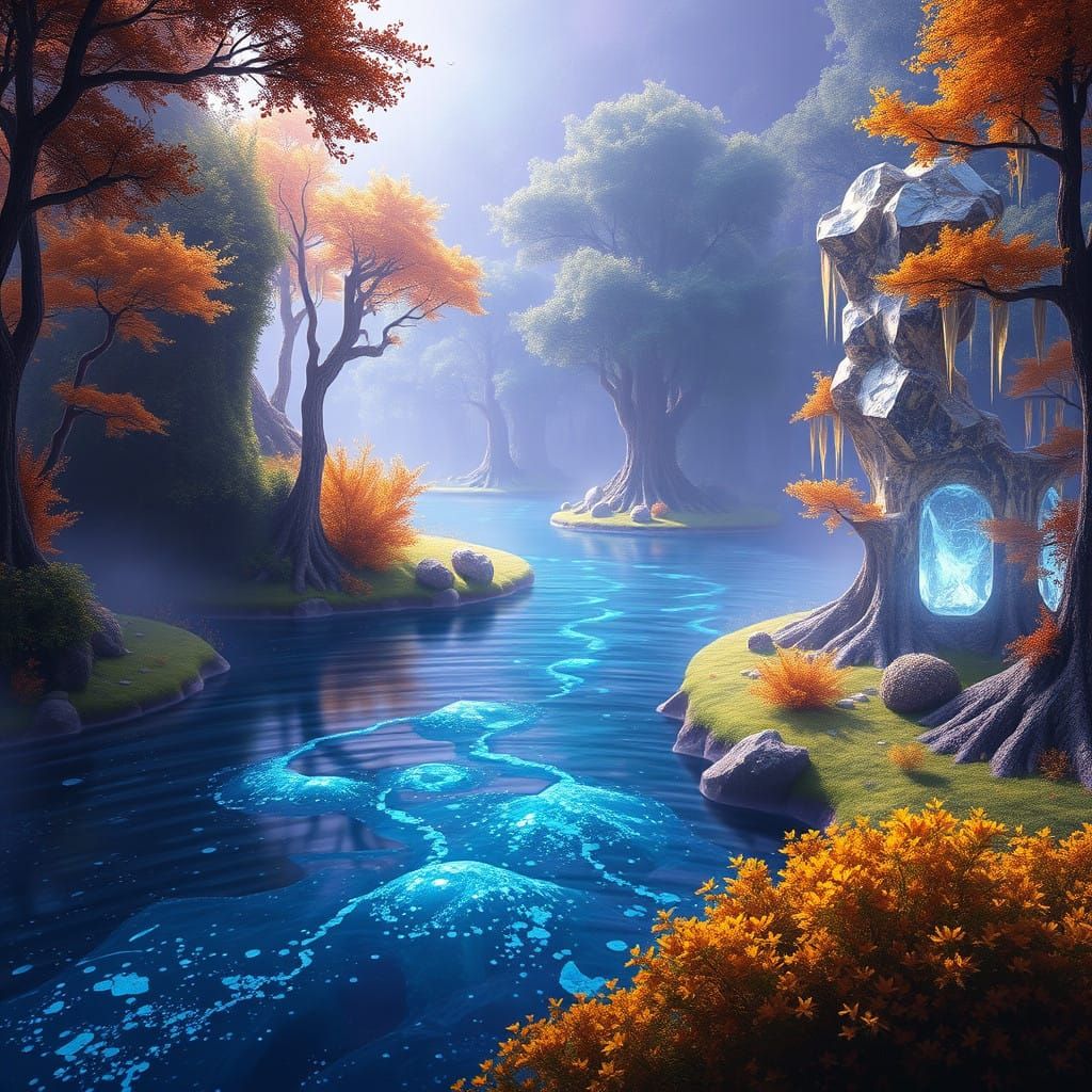 Mystical Forest of Sapphire River in a Fantasy World