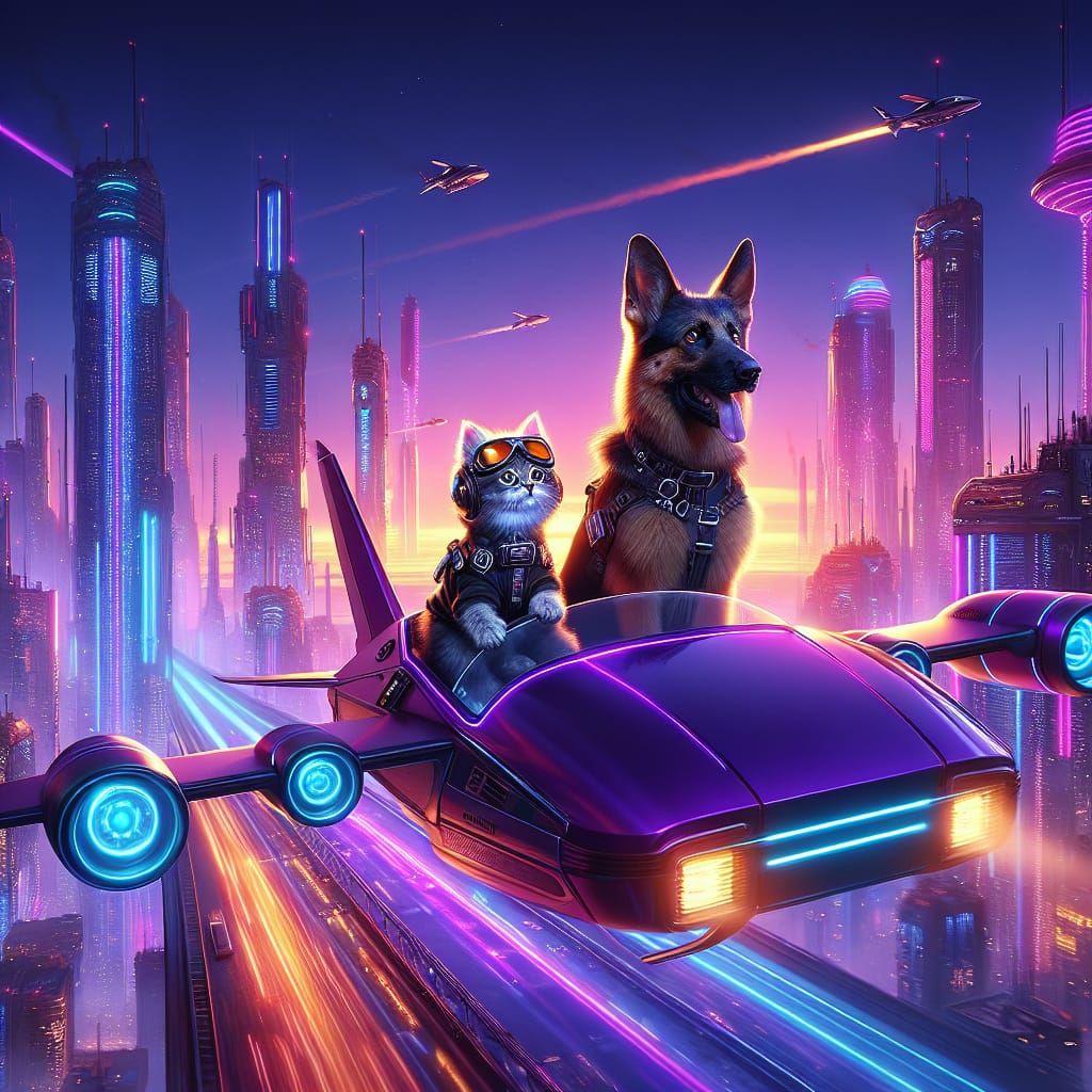 Adorable Feline Navigator in High-Tech Flying Car