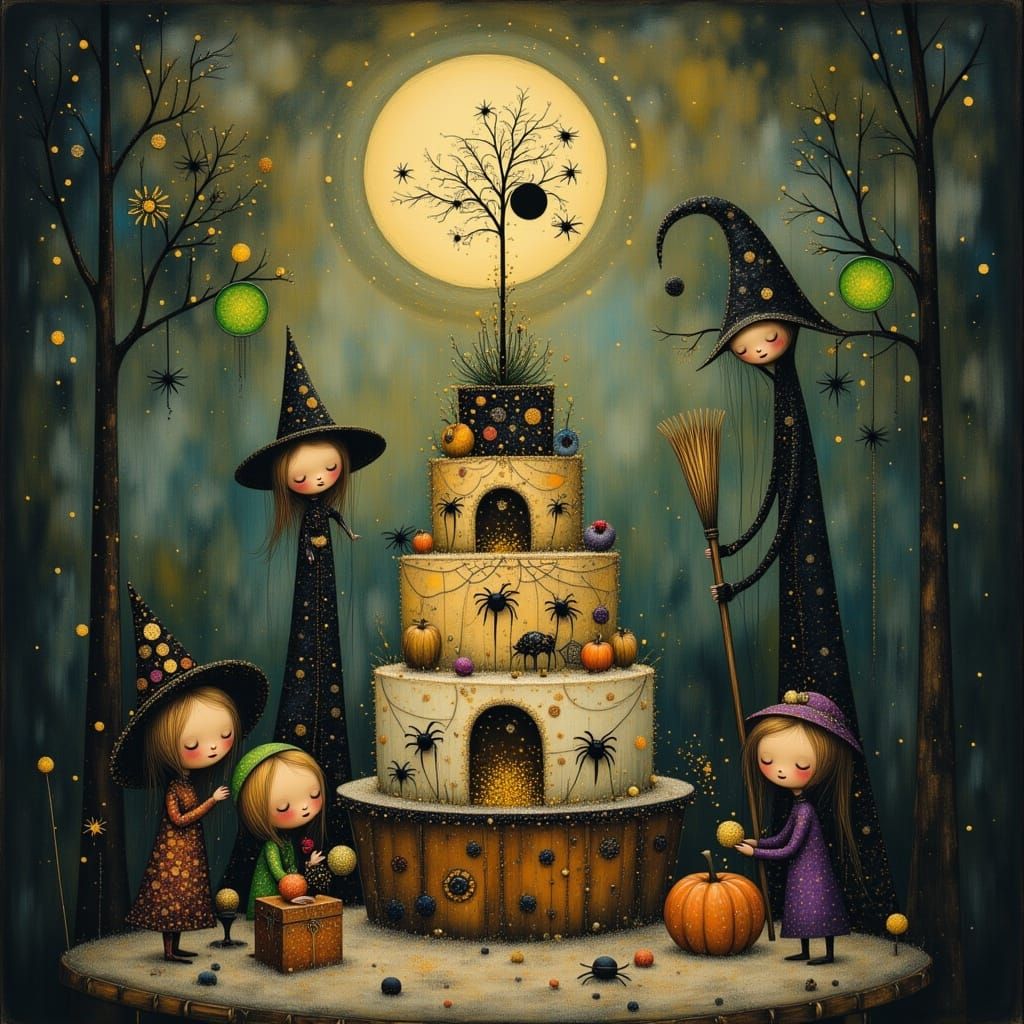 Whimsical Gothic Witch Birthday Cake Illustration