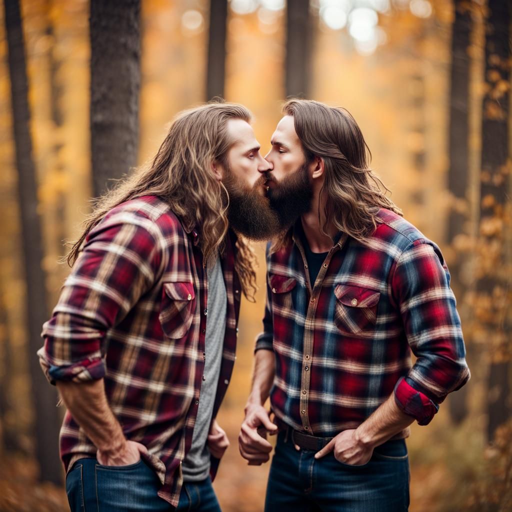 Lumberjacks Kissing in Fall Woods: Maximalist Photography