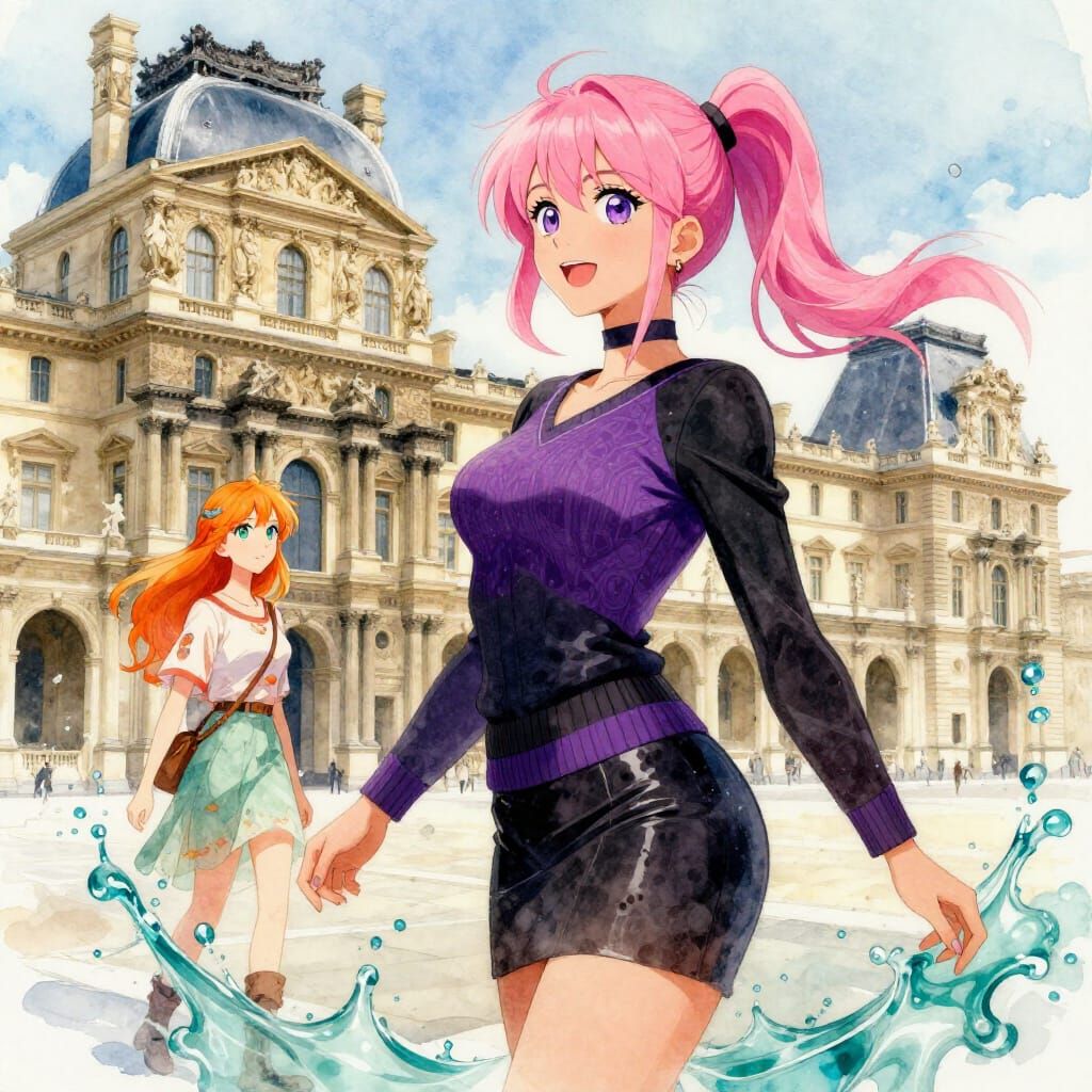 Parisian Exploration: Pink-Haired Woman at the Louvre