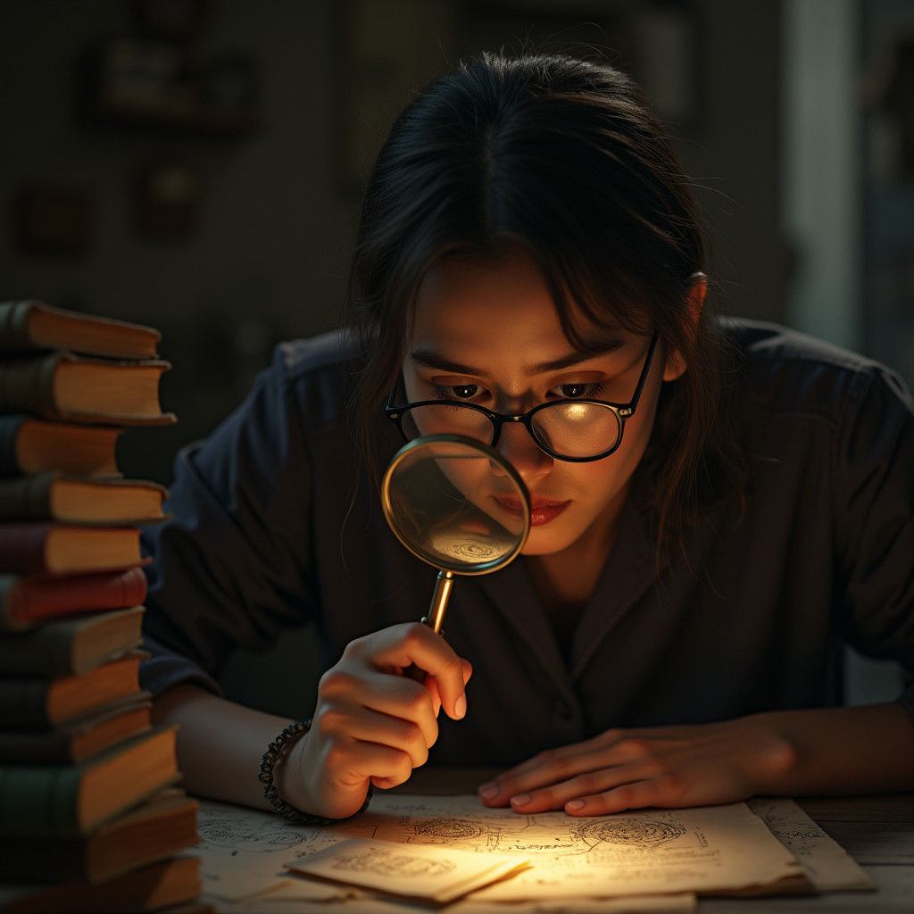 Person Examining Details in Library, Hyperrealistic Style