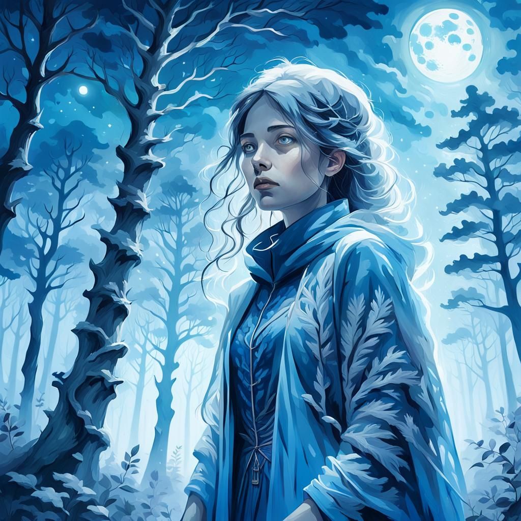 Ethereal Woman in Misty Forest Under Moonlight