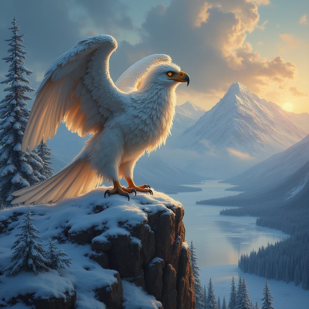 Griffin Surveys Winter Domain as Oil Painting