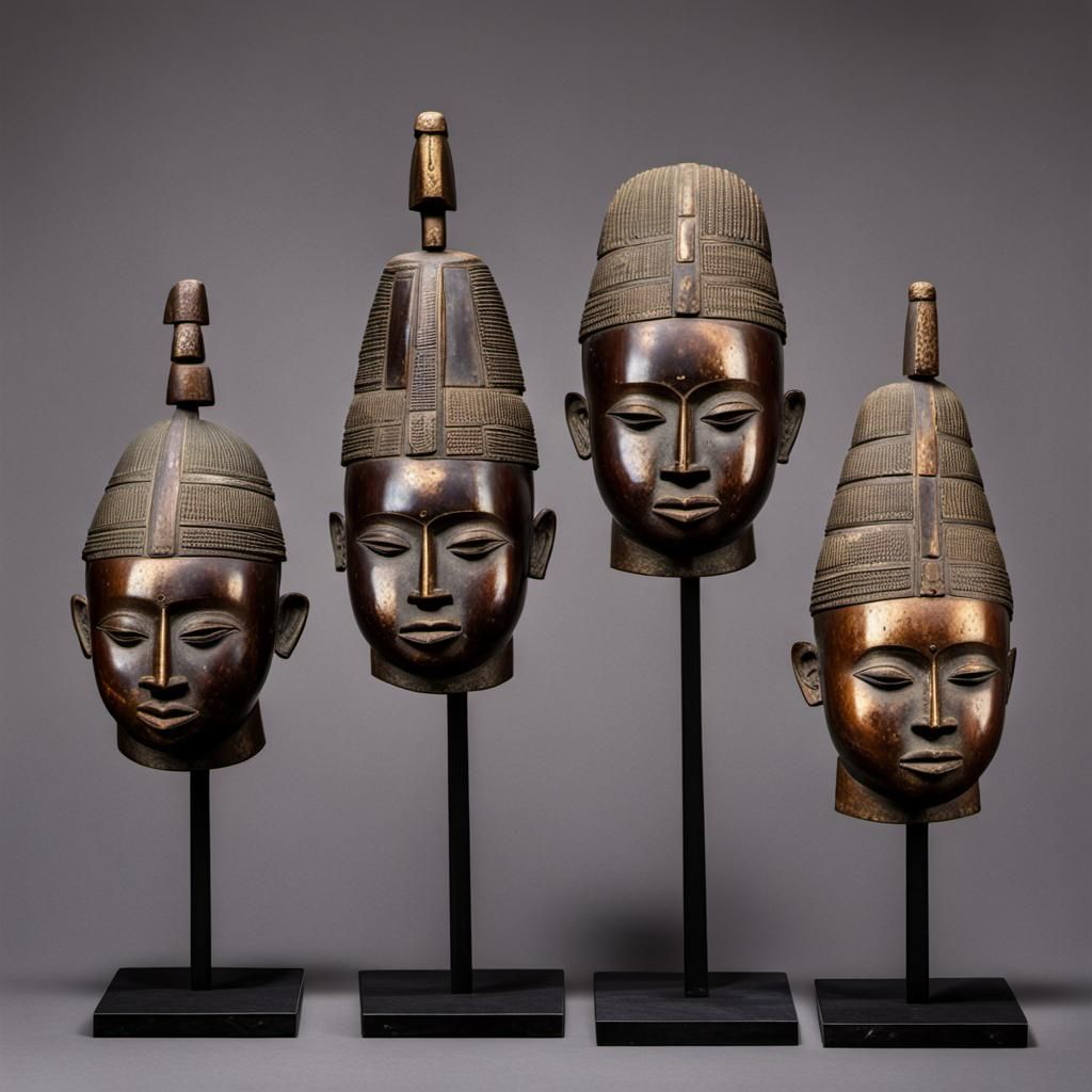 Three Benin Bronze Heads Sculpture