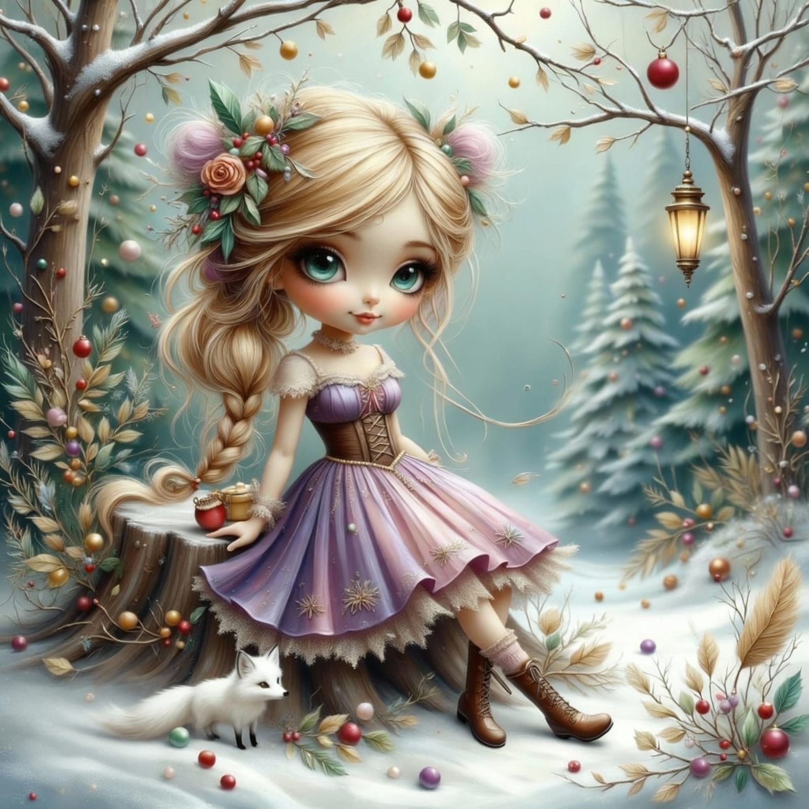 Whimsical Fairy with Turquoise Eyes and Christmas Tree
