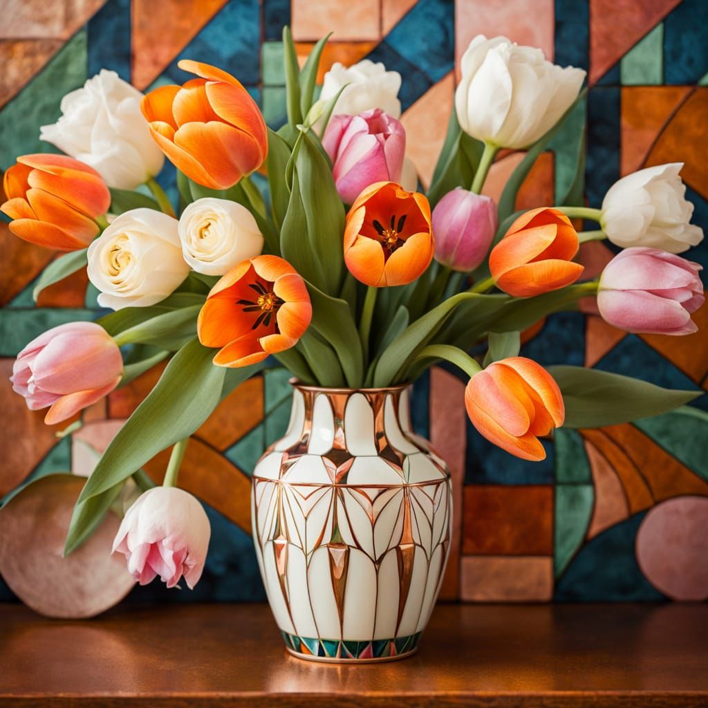 Orange tulips, white roses.