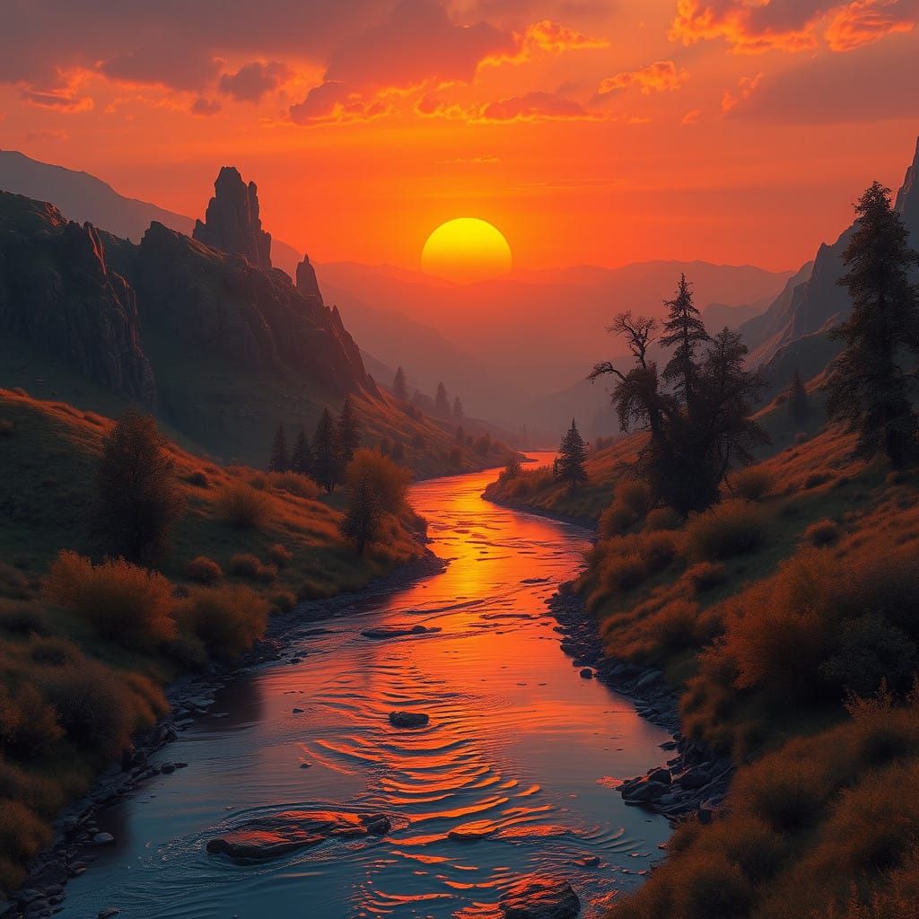Surreal Valley Sunset with Warm Orange Hues and Vibrant Refl...