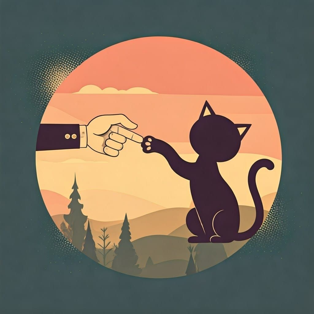 Vintage Cartoon Illustration of Hand High-Fiving Cat in Art...