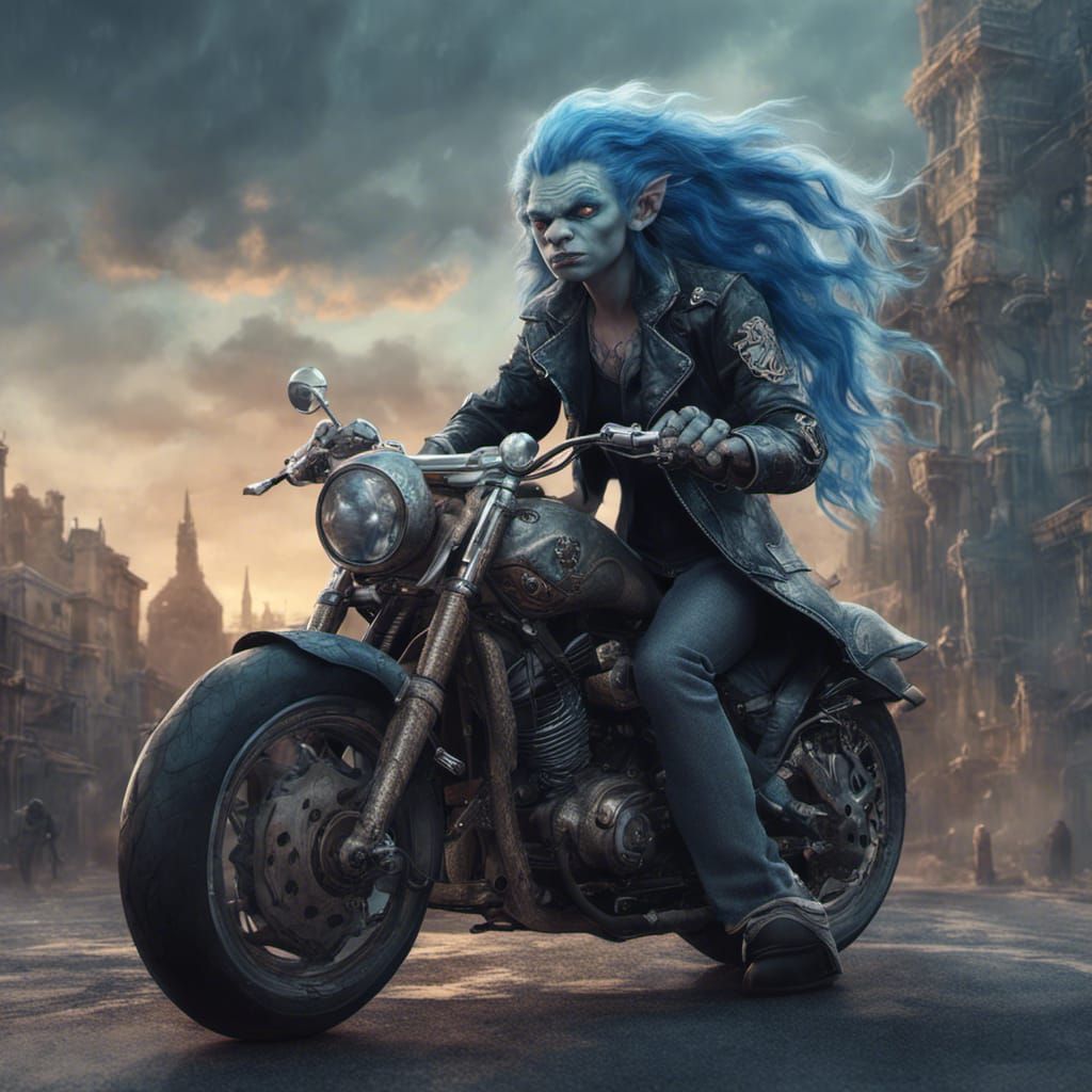 Gargoyle on Motorcycle with Blue Hair, Detailed Art