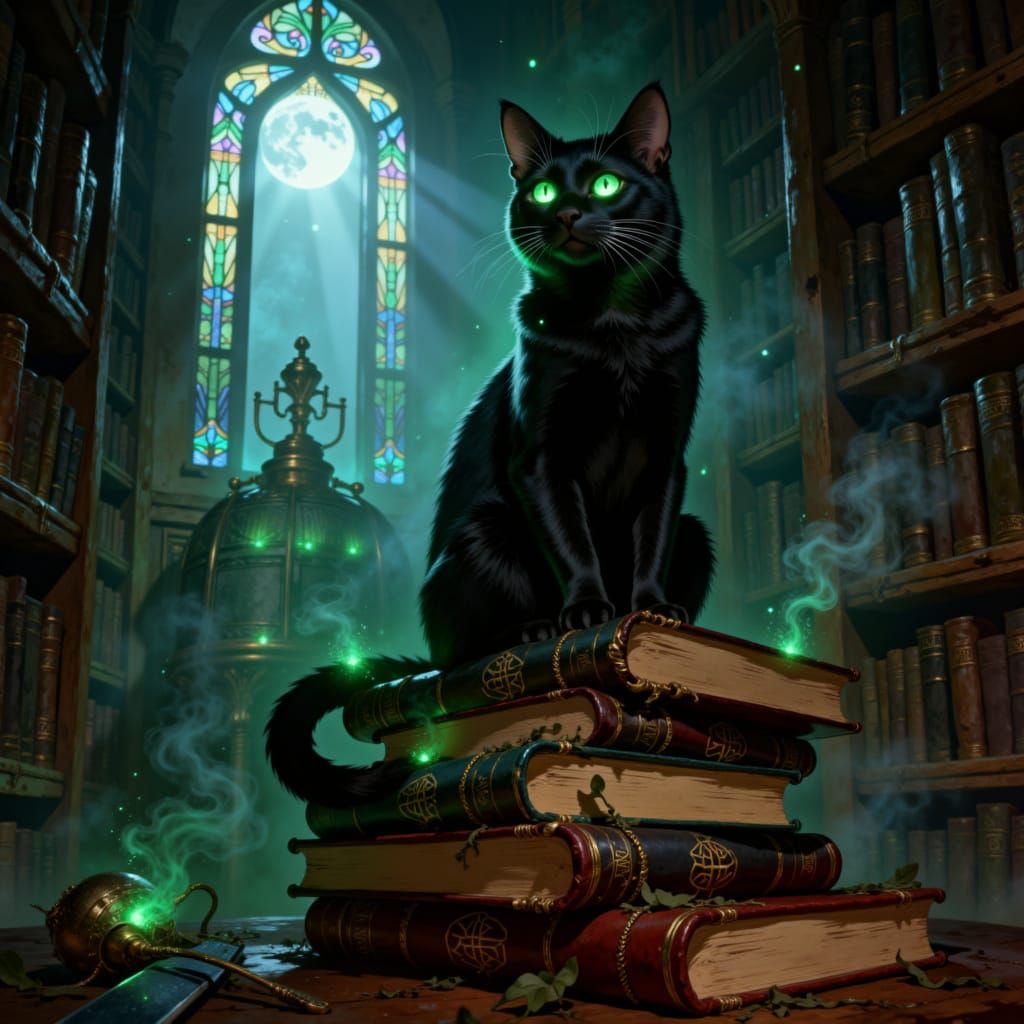 Regal Black Cat on Books in Gothic Library