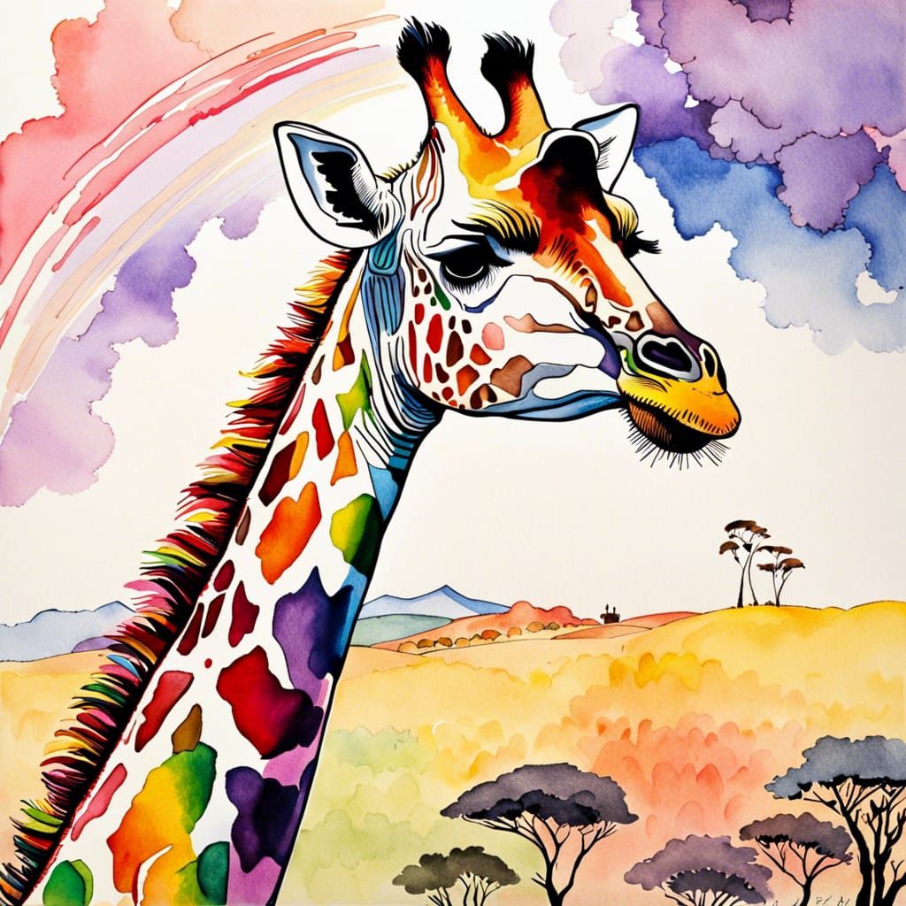 Rainbow Giraffe in Watercolor and Ink