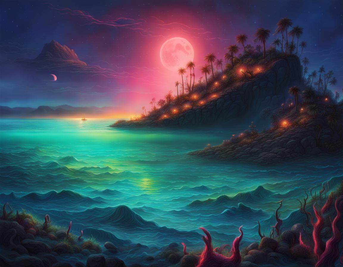 Vibrant Bioluminescent Sea Matte Painting