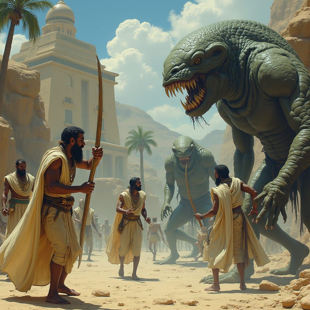 Ancient Egyptians Defend Against Scaly Sea Monsters in Dark....