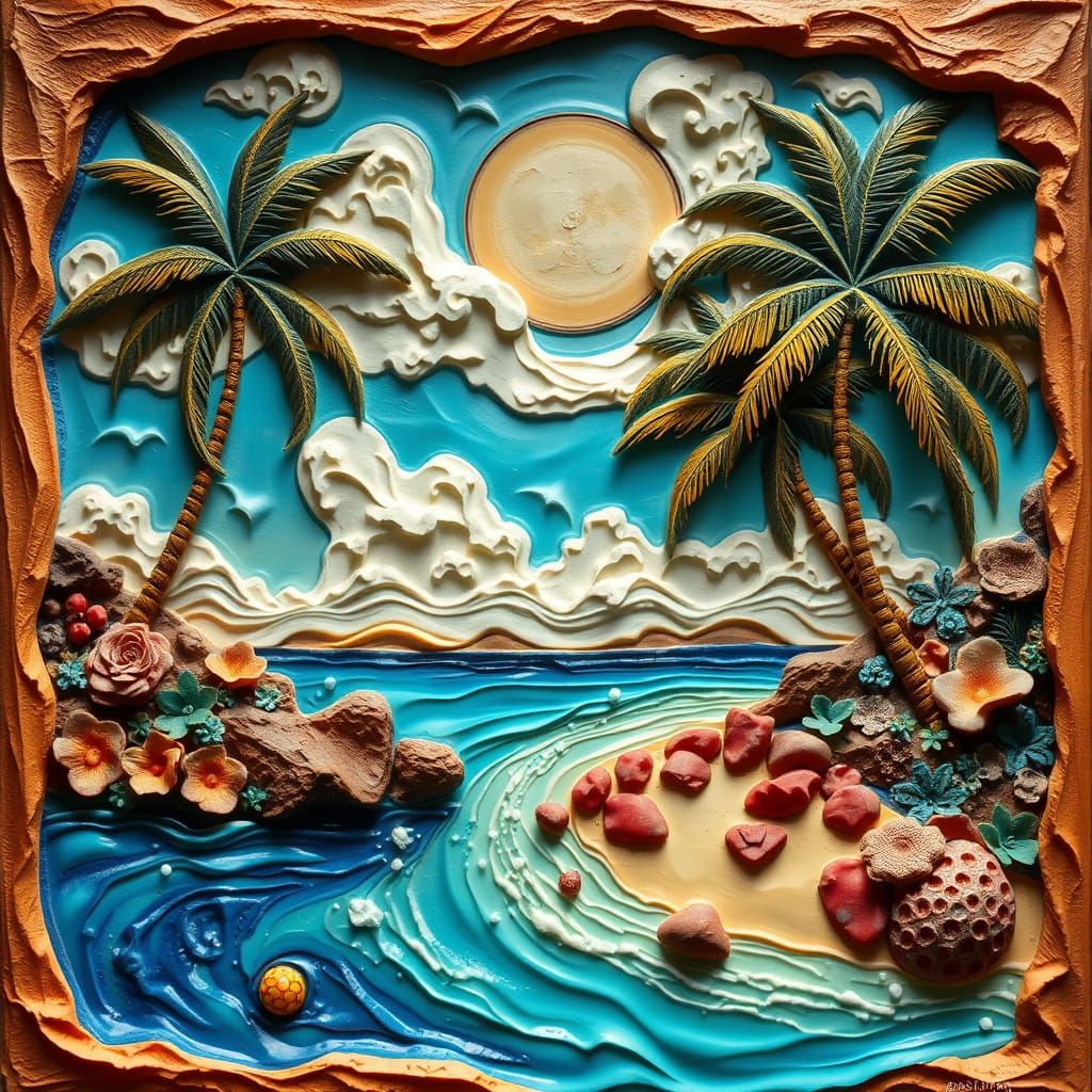 Vibrant Coral Beach Scene in Embossed Relief