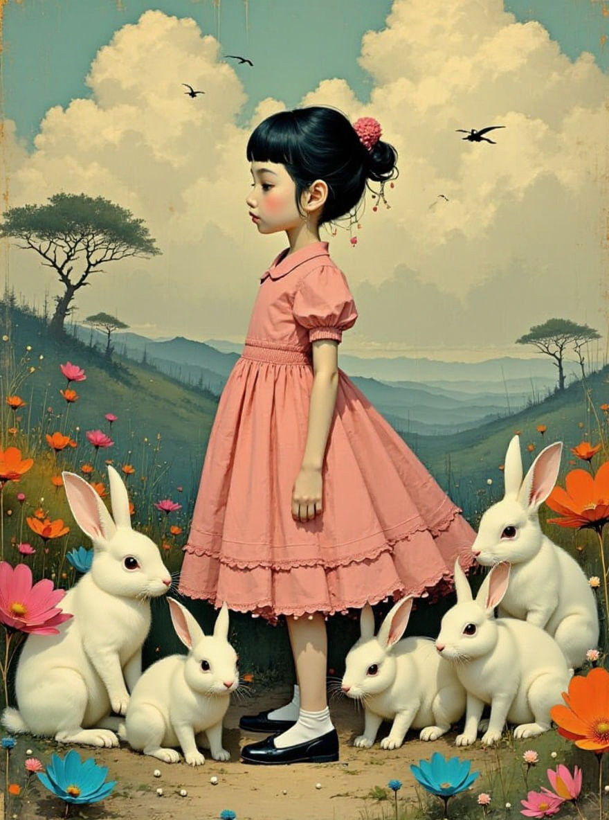Girl with Rabbits in Pink Dress, Toycore Style