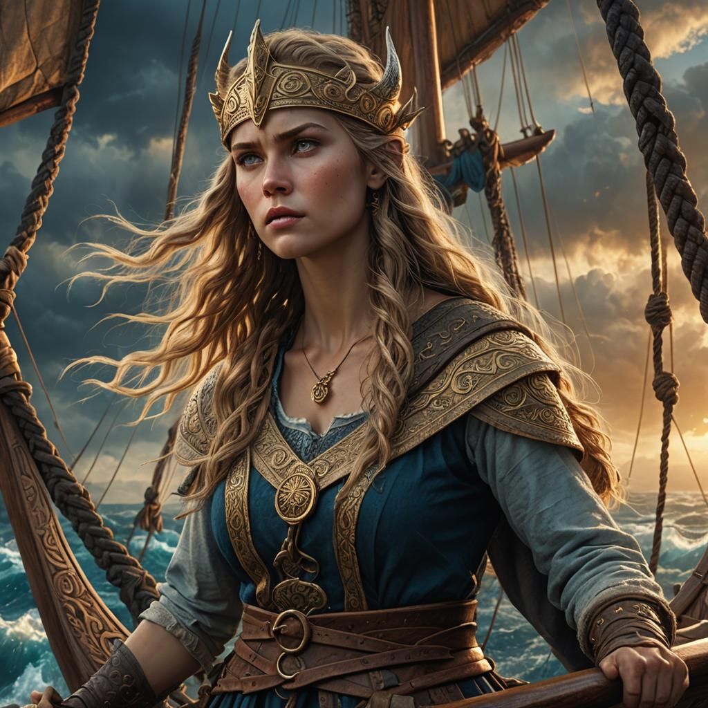 Viking Beauty on Ship at Sunset