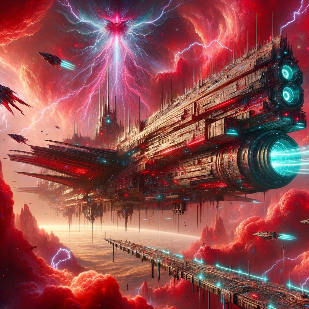 ESS Crimson Warship in Crimson Nebula Storm