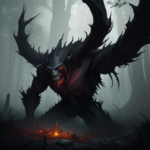 Grotesque Bugbear in Dark Fantasy Forest, Detailed Concept A...