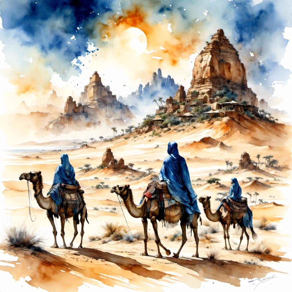 Bedouin Caravan Across Desert Dunes, Digital Art