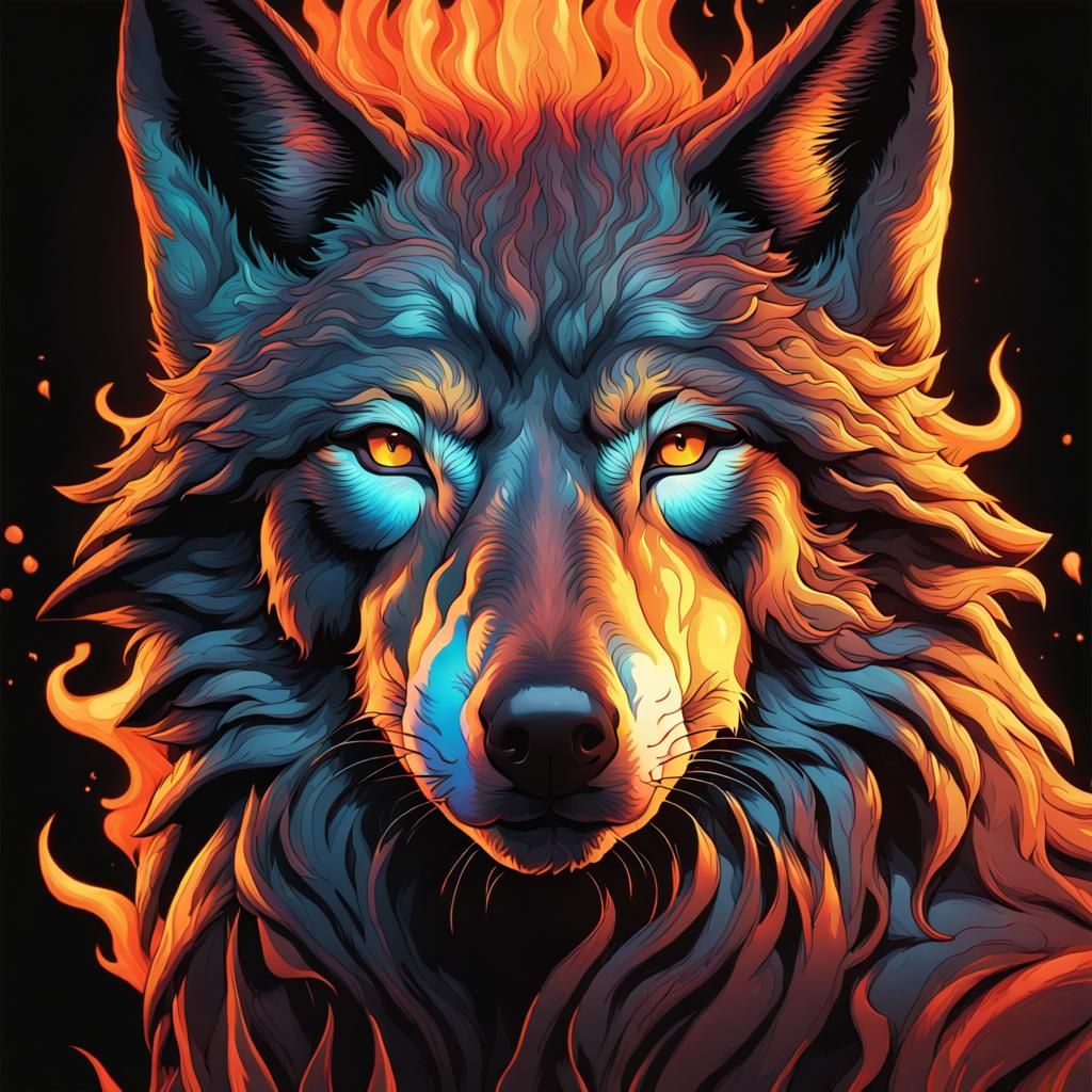 Fiery Wolf Portrait in Dramatic Digital Art Style