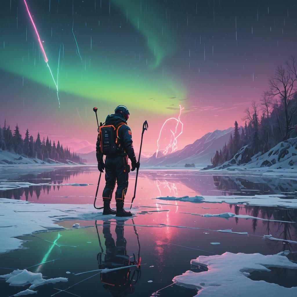 Synthwave Diver on Frozen Lake with Neon Lights