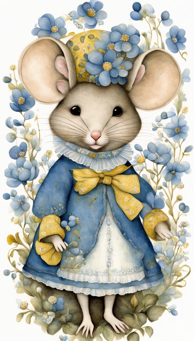 Anthropomorphic Mouse in Bonnet, Naive Art Style